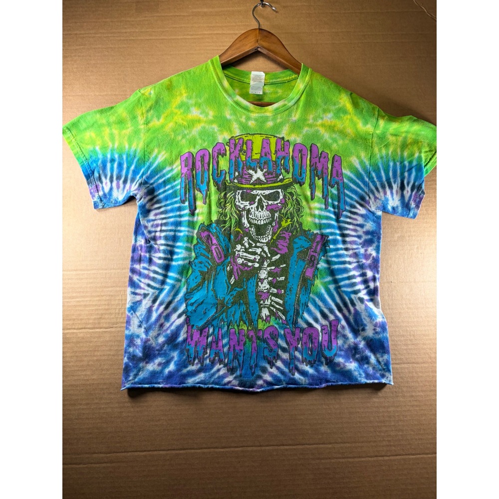 Gildan Rocklahoma 2018 T-Shirt Mens Medium Green Blue Tie Dye Music Festival Tee